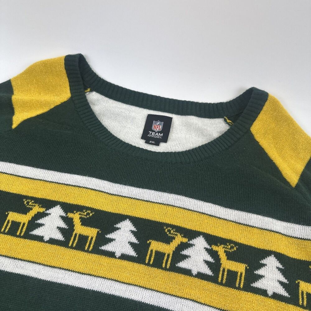 NFL Green Bay Packer Christmas Sweater Green Gold Reindeer Pine Trees Womens 2XL - Picture 4 of 11